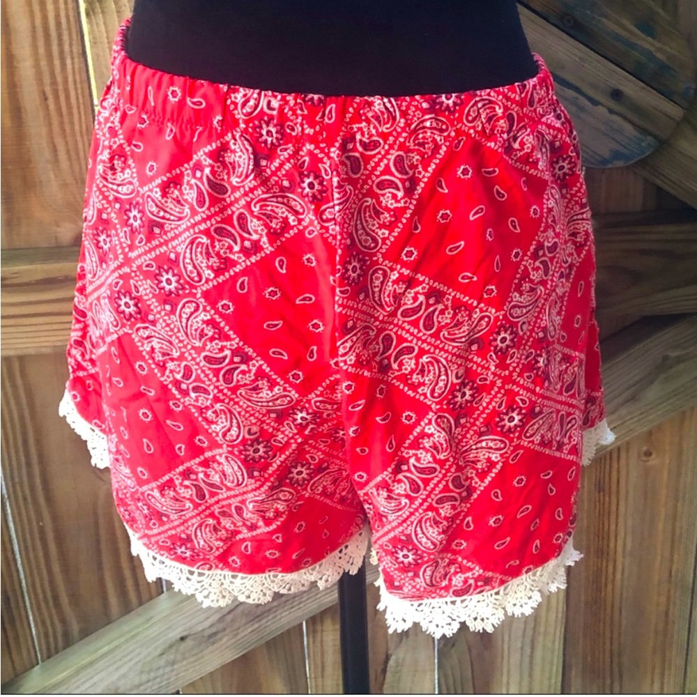 No Boundaries Red Bandanna Style Drawstring Shorts with Cream Lace Detail